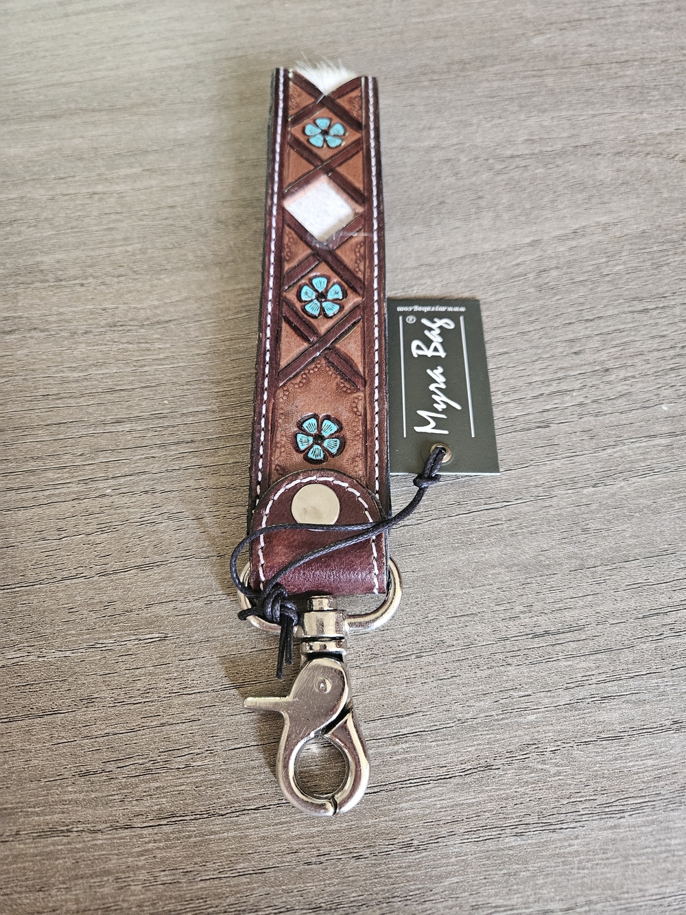 Myra Bag Brown Leather Key & Card Holder with Turquoise Floral Inlays & Cowhide